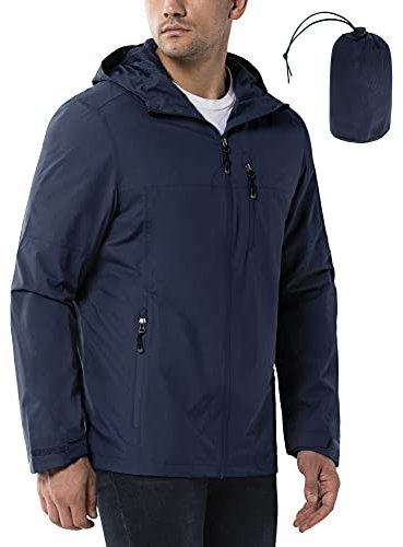 33,000ft Regenjacke Herren Wasserdicht Outdoorjacke Leichte Freizeitjacke Packbare Windjacke Fahrrad Regenmantel mit Kapuze Navy blau XL