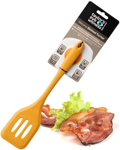Taylors Eye Witness Large Mustard Yellow Silicone Slotted Spatula - Dishwasher Safe. Great for Non-Stick Frying Pans. Drainage Slots, Odour, Stain & Heat Resistant (260°C/500°F). 5 Year Guarantee