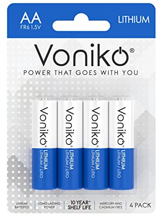 Voniko AA Batteries, 4 Pack 1.5V Lithium AA Batteries—High Performance Double A Long Lasting Battery for Camera, Flashlight, Toys, Remote Control, Alarm System (Non-Rechargeable)