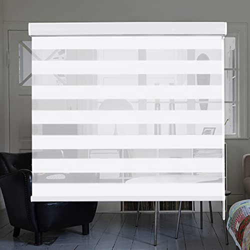 KELIXU Day and Night Roller Blind Window Shades with Valance Cover, Dual Layer Sheer Zebra Roller Blinds Horizontal Blinds for Light Filtering & Privacy Protection, 63.5 cm W X 183 cm H, White