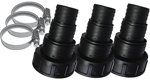TS-TRADES 3 Stück: Stufenschlauchtülle Ø32 / 38 / 50mm x 2 Zoll Innengewinde Überwurfmutter + 3X Schlauchschelle Ø30-45mm (Edelstahl)
