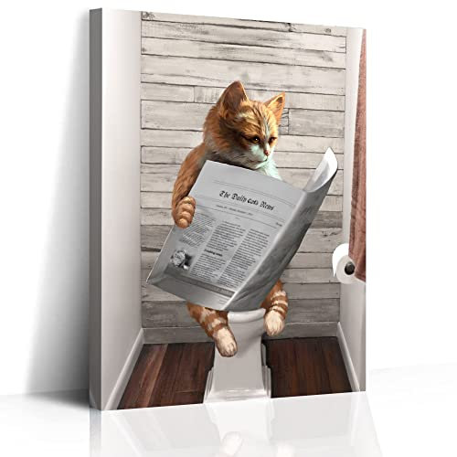 RCOEBME Cute Cat Reading Newspaper on Toilet Picture Canvas Painting Artwork Funny Bathroom Cat Decor for Cat Lovers Cat Wall Art Prints Home Decorations Framed 12x16 Ready to Hang