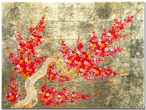 Holzbilder lackiert Gold, Kirschblüte, L40 x H30 cm, handgefertigt – Malerei Wandpaneele zur Dekoration, asiatischer Stil, Vietnam Handwerk (S51-7766)