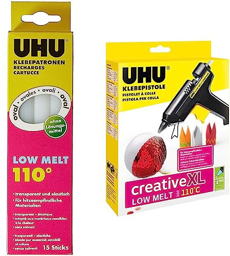 UHU Heißklebepatronen Low Melt, Transparente und ovale Klebepatronen für UHU Niedrigtemperatur Klebepistole, 200g & Creative XL Klebepistole Low Melt 110° C