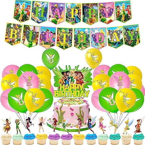 RZDQZY Tinkerbell Birthday Decoration Pack: 15pcs Balloons, 1pcs Banner, 13pcs Cake Toppers - Green, Others