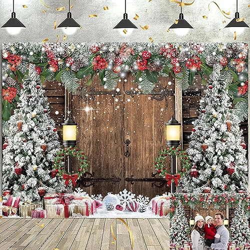 Winter Weihnachts-Hintergrund Rustikale Scheunentür aus Holz Weihnachts-Fotografie-Hintergrund Weihnachtsbaum Schnee Geschenk Kinder Erwachsene Familie Feiertag Party Dekoration Zubehör