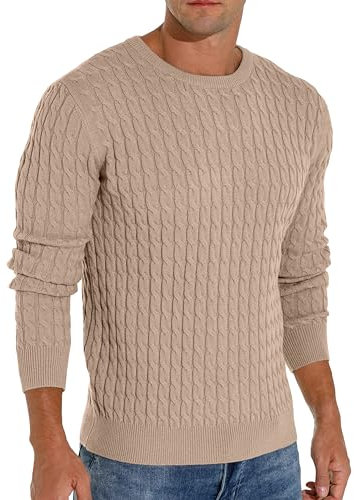 Hisir Men's Winter Cable Knit Jumpers Casual Crew Neck Warm Long Sleeve Pullover Sweater Tops for Men (Khaki, L)