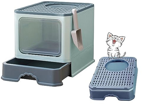 MINGYI Bac à Litière pour Chat Fermée, Grande Maison de Toilette Chat Pliable avec Couvercle, Tiroir à Litière avec Pelle, WC pour Chats, Jusqu'à 7 kg (Vert XL 51×35×38 cm)