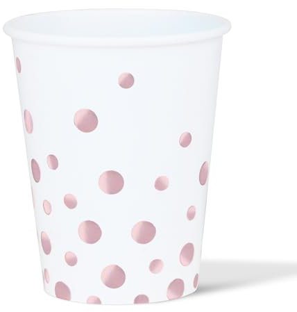 ZVK Vasos de papel, Blanco Vasos de fiesta con lámina oro rosa puntos 9 onzas 12 piezas Vasos de Papel Desechables Tazas para beber