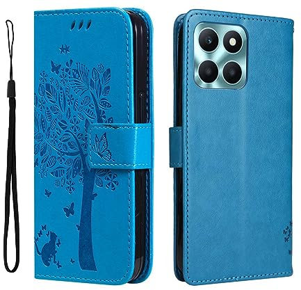 GOKEN Cover per Honor X6a, Custodia Flip TPU/PU Portafoglio Pelle con Stand/Carte Slot, Chiusura Magnetica Goffrata con Motivo Telefono Case Custodie, Blu