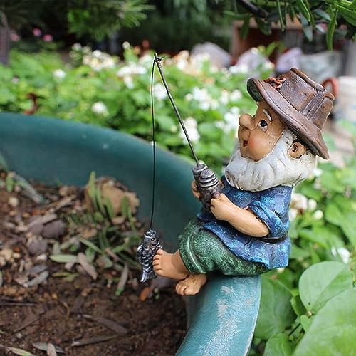 Hemore Fishing Gnome Statues, 10cm/3.9inch Resin Novelty Fishing Gnome Sculpture, Garden Pond Landscape Decorative Ornament for Lawn Yard Fish Tank Decoration