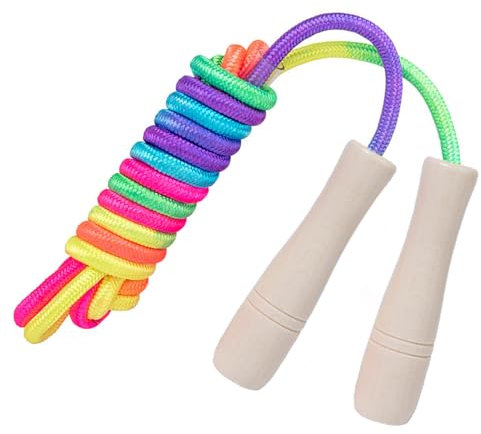 JurciCat Kinder Springseil buntes Seil im Regenbogenstil 280 cm Verstellbares Kinder Springseil mit Holzgriff für 4-10 Jahre