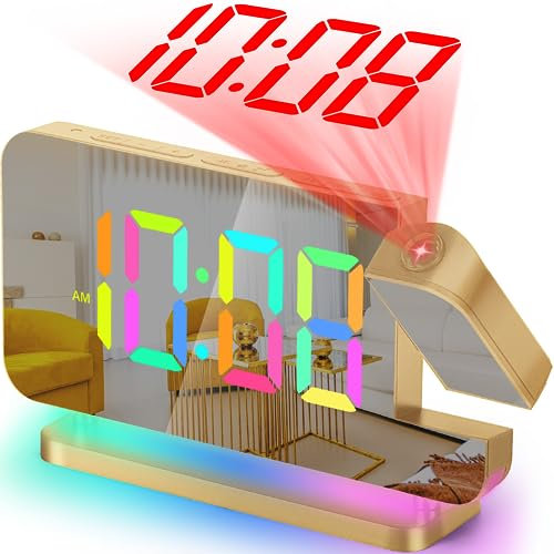 SZELAM Projektion Wecker - LED Spiegel Digitaluhr Großes Display mit RGB Nachtlicht USB C Ladestation 180° Drehbarem Projektor - 7.4” Lauter wecker für Tiefschläfer Schlafzimmer - Gold