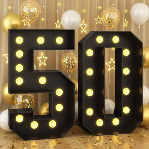 122 cm große schwarze Festzelt-Zahlen für 50. Geburtstag, Dekoration, Mosaik-Zahlen, Rahmen, riesige Pappzahlen mit Glühbirnen, vorgestanzt, Schaumstoffplatte, DIY-Jubiläumsdekoration