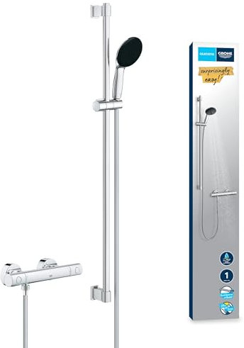 GROHE Precision Get Ensemble de Douche Thermostatique avec Douchette Ronde 11cm 1 jet, Flexible de Douche 1,75m, Barre de Douche 90cm, Economie d'Eau, Chromé, 34857000