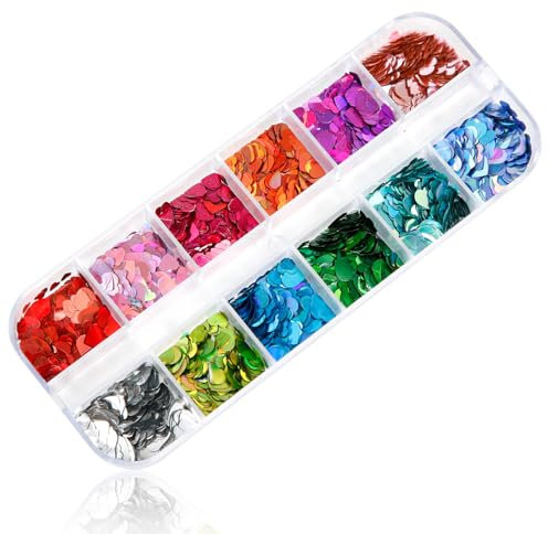12 Colors Heart Glitter Nail Sequins, Valentines Nail Stickers Confetti Glitter Nail Charms Designs Love Heart Flakes Decals for Manicure Makeup DIY Nail Decorations (3 Sizes)