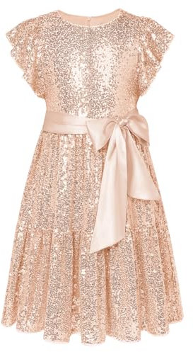 GRACE KARIN Mädchen Prinzessin Kleid Knielang Kurzarm A-Linie Pailletten Partykleid Glitzer Abendkleid Roségold 12 Jahre