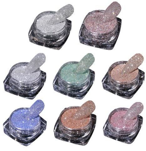 HugeDE 8 Colors Diamond Nail Powder Sparkling Reflective Nail Glitters Shiny Nail Art Pigment Bright Nail Dust for Face Body Eye Decoration