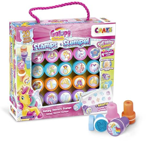 CRAZE GALUPY UNICORN Kinder Stempelset - Stempel Kinder mit GALUPY Einhorn-Motiven, Stempelkoffer mit 20 Stempeln inkl. Papierblock, abwaschbar