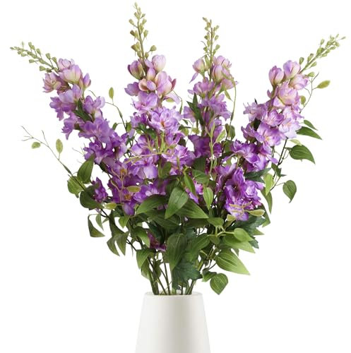 ICBOX Künstliche Delphiniumblumen, 74,9 cm, mit Clematis-Grün, 8 Stück, Langer Stiel, Blumen für hohe Vasen, Violette Seidenblumen für Kunstblumen, Arrangement, Zuhause, Party, Hochzeitsdekoration