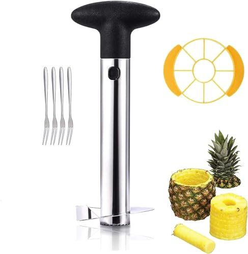 Schwarzer Ananasschneider, Edelstahl-Ananasschneider-Set, mit Entkerner und 4 Obstgabeln, zum Schneiden von Ananas-Kern, Ananasschalen und Ananasscheiben