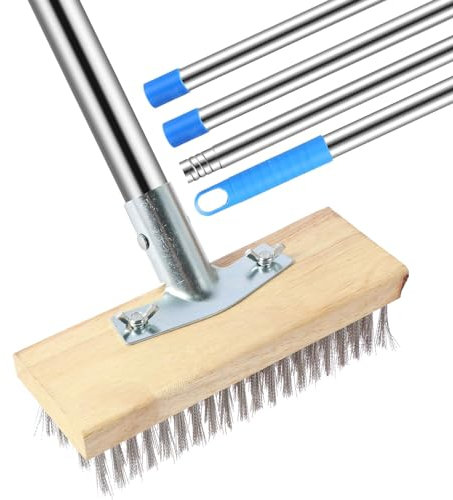 JETHMA Stainless Steel Wire Floor Brush Wire Broom with 4 Section Detachable Pole Heavy Duty Wire Deck Brush Multipurpose Wire Cleaning Brushes for Rough Surface Concrete Floor Patio Garden Garage