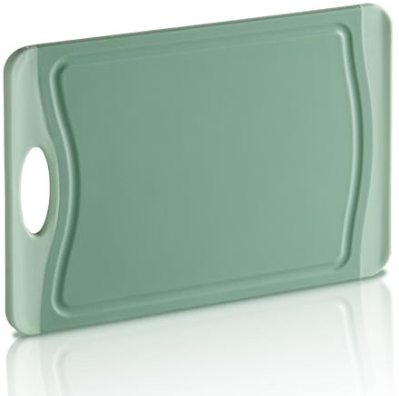KHG Schneidebrett aus Kunststoff - 29 x 20 x 0,8 cm Grün - Großes Messerbrett, Küchenbrett rutschfest gummiert, antibakteriell, Saftrille, Hackbrett mit Griff