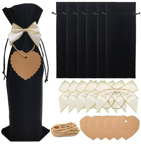 SEABABOO Wein-Geschenkbeutel, Premium Weinbeutel Samt, 6Stk Verpackung Weinbeutel Mit Schleifen Deco und Weinflaschen Etiketten, Weinbeutel Tasche für Party Wein Festival Einweihungsfeier (Schwarz)