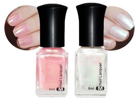 Pearl White Nail Polish, 2Pcs Pink White Nail Varnish Set Quick Dry & Long Lasting Shimmer Pearl Nail Polish Chrome Pink Nail Polish Pink Nail Varnish Shiny Glitter Pearl Gel Nail Polish