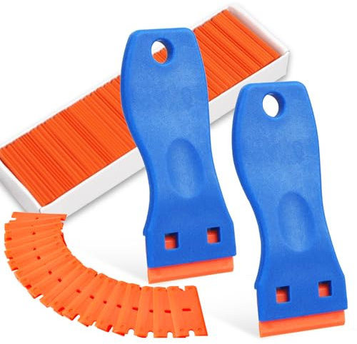 2 Pièces Grattoir Plastique avec 100 Raclettes, Grattoir Peinture, Papier Peint Grattoir, Grattoir Vitre, pour Enlever Les Étiquettes, Colle, Autocollants et Décalcomanies