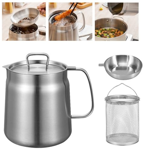 LEKEFETO Contenitore per Grasso in Acciaio Inox 2L Con Coperchio, Setaccio e Filtro a Maglia Fine - 2 in 1 per Olio e Grasso da Cucina