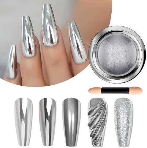 BISHENGYF Silver Chrome Nail Powder - Metallic Holo Nail Chrome Powders, 1G Glitter, Shiny Silver Nail Powder Mirror Effect, Pigment Nail Art DIY Design Decor, Women Gift