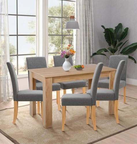 Hallowood Furniture Newquay Large Oak Dining Table and Chairs Set 6, Grey | 120cm Fixed Top Dining Room Table and Chairs in Grey Fabric Upholstery, Straight Back Oak Legs, Wooden Dining Room Sets for 6