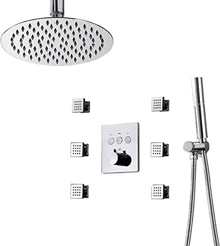 GLJTUO Duschset 3-In-1-Thermostat-Duschsystem, Badezimmer-Decken-Duscharmatur-Set Mit 2-Funktions-Handbrause, Top-Sprüh-Duschkopf, Massage-Körperdüsen, Schwarz,