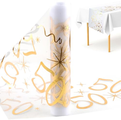 Glänzender Tischläufer zum 50. Geburtstag - 28cm x 10m aus Polyester in Gold, Zuschneidbare Rolle, Party Deko für 50 Jährige Mann und Frau