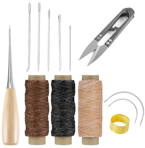 UOCAI Lot de 13 aiguilles pour cuir - Kit de réparation - Aiguilles à coudre pour cuir - Aiguilles à coudre pour cuir - Fil de sellier indéchirable - Aiguilles à coudre - Dé à coudre - Kit d'outils