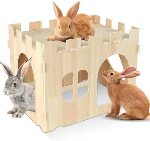 Sbayool Large Rabbit House and Hideouts Wooden Rabbit Hideout Castle Detachable Bunny Play House for Indoor Adult Rabbit Guinea Pig Chinchilla Habitat