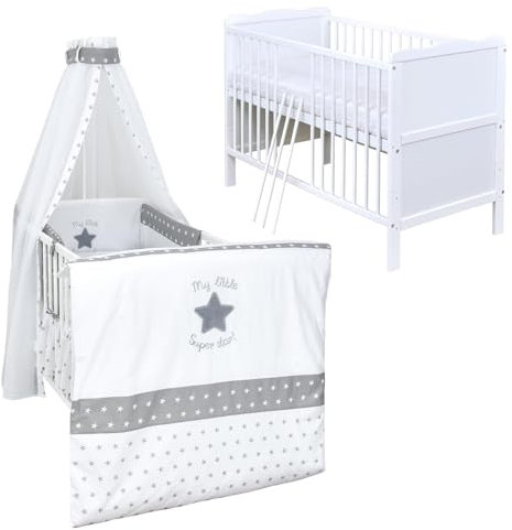 Generisch Baby Delux Babybett Komplett Set 9-TLG Kinderbett umbaubar zum Juniorbett 70x140 Matratze Jack Bettset Chiffonhimmel (Super Star)