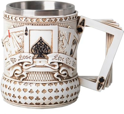 HAUCOZE Beer Mug Stein Oktoberfest Coffee Drinking Cup Birthday Gift 450ml | Insulated Stainless Steel Mugs,Poker,Collectible Home Bar Festival Decor for Men Father Husband
