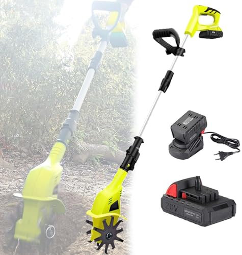 VFMVOYNZ Motozappa elettrica da Giardino, motozappa a Batteria con Batteria 2×4000mAh e Caricabatterie, Larghezza di Lavorazione 10,5 cm, profondità di Lavoro 25 cm per la Coltivazione del Terreno