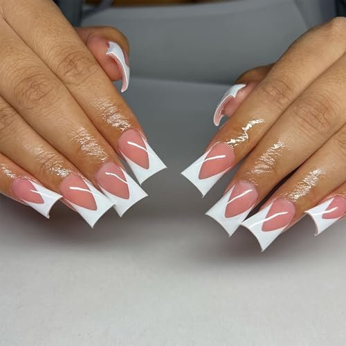 24PCS Pink Nails French Tip - Fan-Shaped French Tip False Nails - Duckbill Type Interest Nails Design Press on Nails - Long Lasting Nail Art with Glue Home DIY Gifts for Women Girls