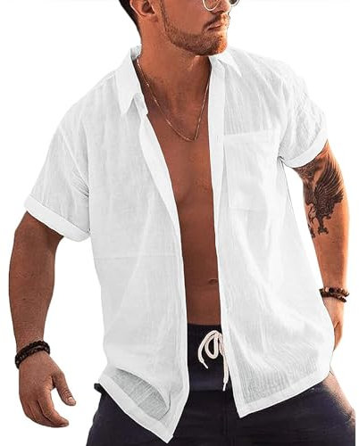 Rodawu Mens Short Sleeve Cotton Linen Shirt Cuban Beach Summer Hawaiian Shirts White Shirt