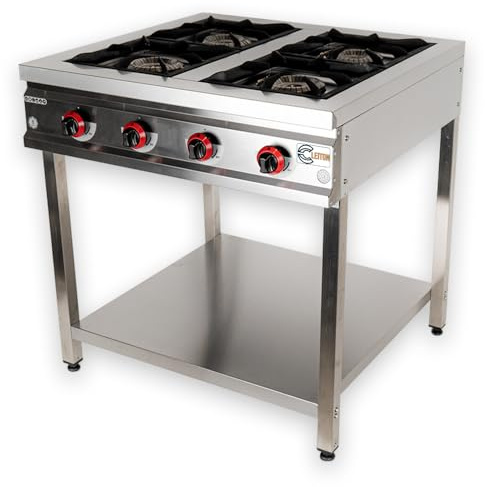 Cleiton® Cocina Industrial a Gas 4 Fuegos de 80x50 cm con Mueble de Acero Inox con Regulador de Fuego y Termopar | Hornillo de Gas Butano para Bares y Restaurantes