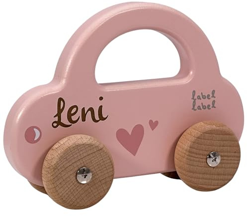 Mainely Personalisierbares Holz Auto Rosa – robust & leise rollend – für Kinder ab 12 Monaten – mit Name – Label Label