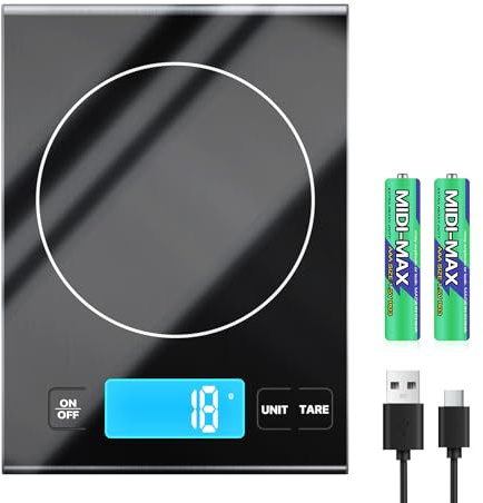 Rechargeable Digital Kitchen Scales, Diyife 1g/15kg Food Weighing Scales with Large Backlit Lcd Display, [5 Units] Three-Button Stainless Steel Electric Scales Multifunction for Baking Cooking, Black