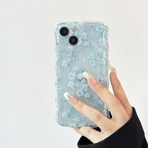 RALEAVO for iPhone 15 Flower Phone Case, Cute Wavy Floral Cover, Blue | For iPhone 15 Case for Girls Women Gift, Aesthetic Spring Curly Shockproof Protective Soft TPU Bumper Cover