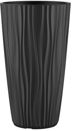 Engelland Pflanzkübel mit Einsatz, Blumentopf mit Wasserspeicher & 3D Struktur, hoch & rund, modern & frostfest, robust & langlebig, für Innen & Außen, Kunststoff, Ø 34 x H 60 cm, Schwarz