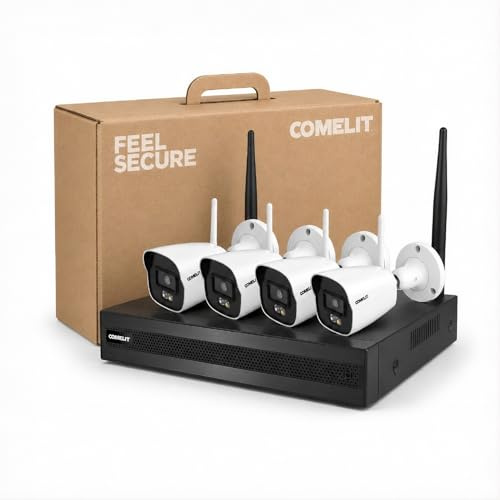 Comelit Kit Videosorveglianza WiFi con 4 Telecamere per Esterno 4MP | Visione notturna a colori, notifiche smart con riconoscimento persone e veicoli e controllo remoto tramite App Comelit