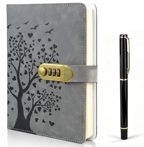 Diary with Lock - A5 300 Pages PU Leather Journal with Lock, Vintage Lockable Diary with Pen & Inner Pocket, Refillable Password Notebook Secret Diary Personalised Lockable Journal for Men Women(Grey)