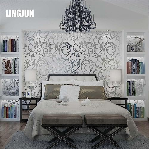 HANMERO Victorian Damask Embossed Textured Non Woven Flocking Wallpaper for Living Bedroom Tv Background, Beige with Hint Pink/Silver